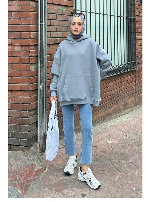 Kapüşonlu 3 İplik Kanguru Cep Şardonlu Beli Lastikli Sweatshirt