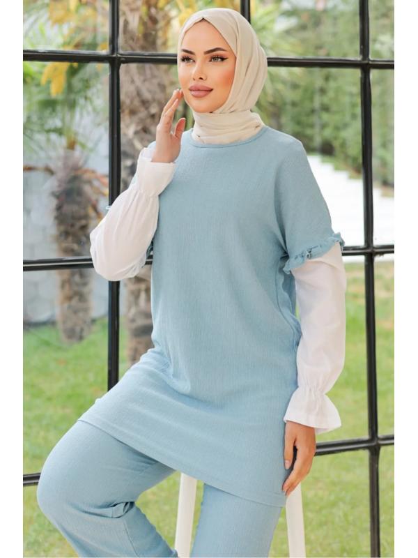 Fırfırlı Bürümcük Tunik Pantolon Takım 865 - Mavi