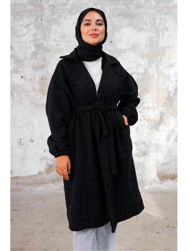 Esilay Kuşaklı Oversize Kap 1244 - Siyah