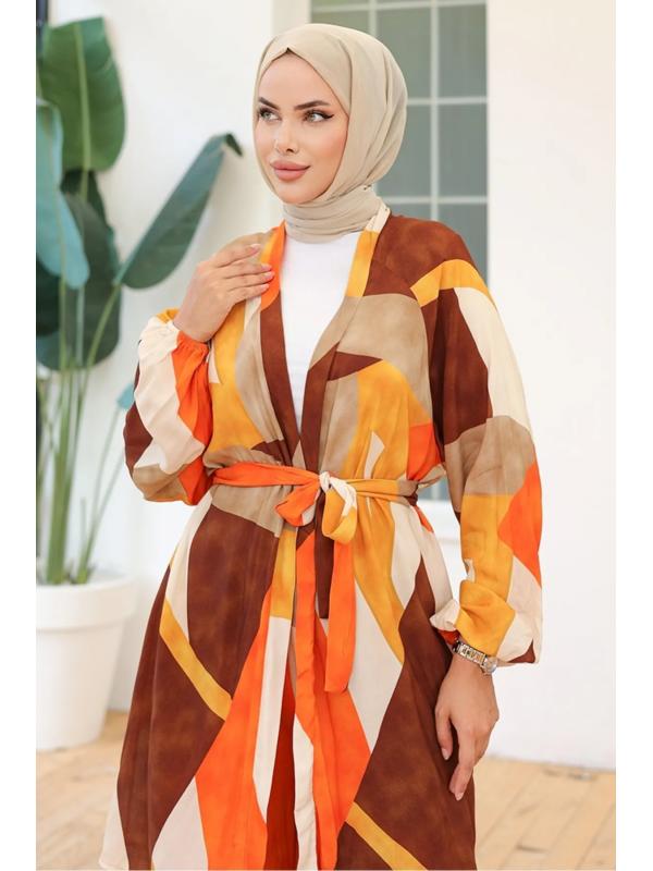 Karışık Renkli Kimono Pantolon İkili Takım 1109 - Kahve