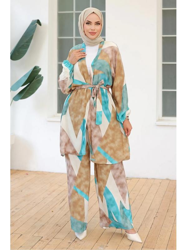 Karışık Renkli Kimono Pantolon İkili Takım 1109 - Mint