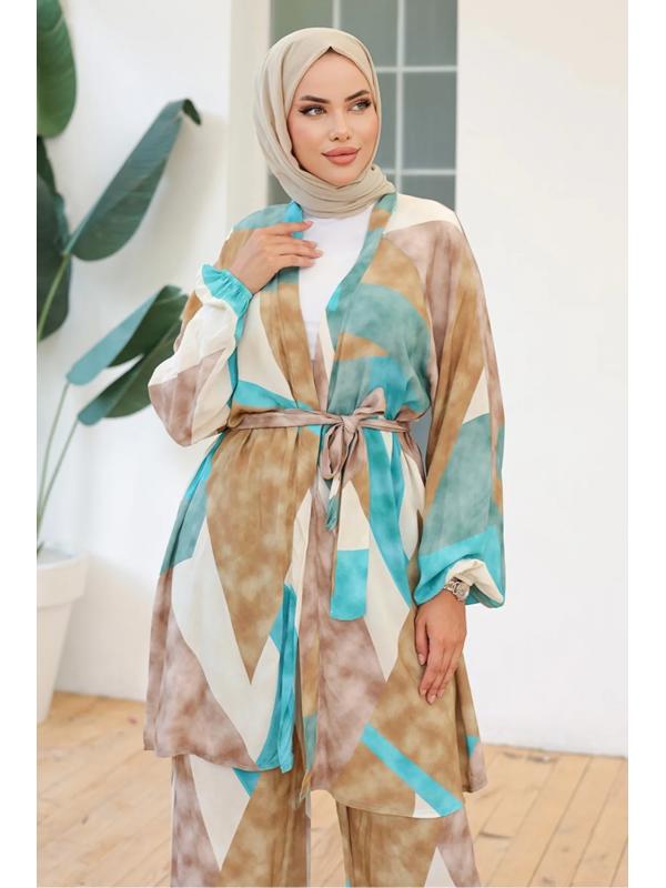 Karışık Renkli Kimono Pantolon İkili Takım 1109 - Mint