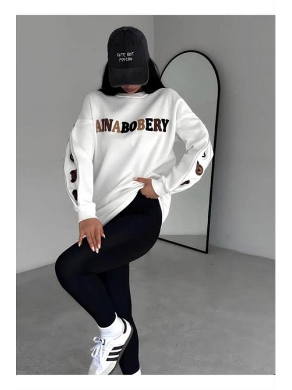 Kadın Ayıcık Nakışlı Kolları Fermuarlı Sweatshirt