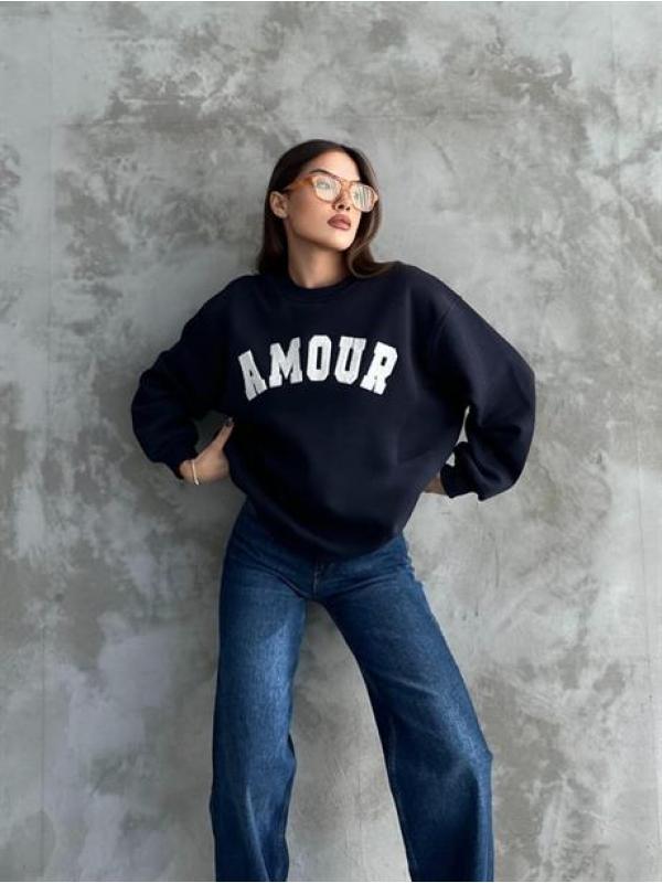 Amour Nakışlı Unisex Lacivert Sweatshirt