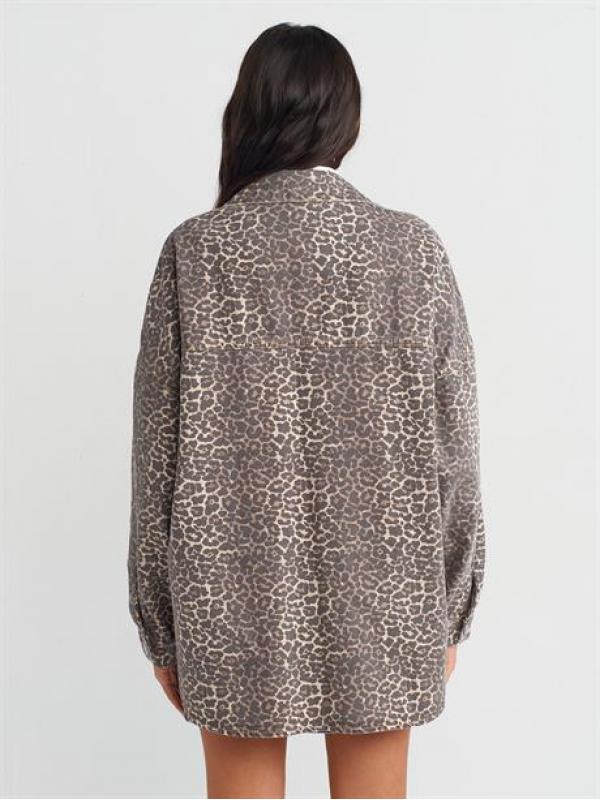 Leopar Desen Oversize Denim Gömlek-Kahve