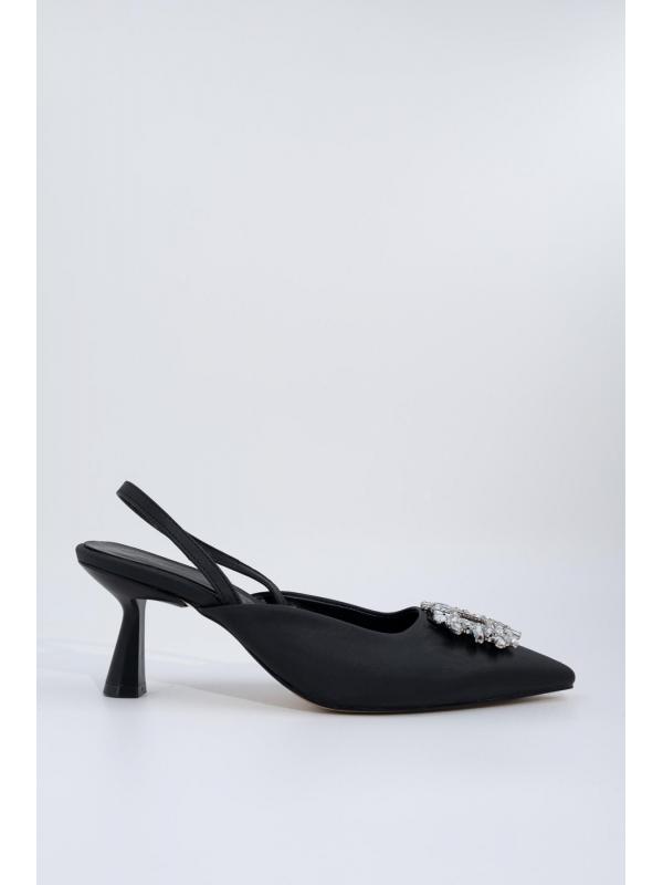 Siyah Taşlı Arkası Açık Stiletto Kısa Topuklu Ayakkabı - Elizabeth