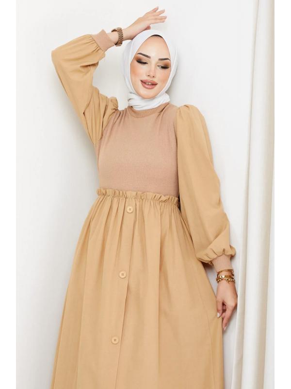 Kaşkorse Garnili Elbise Camel HM2249