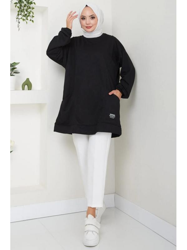 Torba Cepli Bisiklet Yakalı Sweatshirt Tunik Siyah HM2509