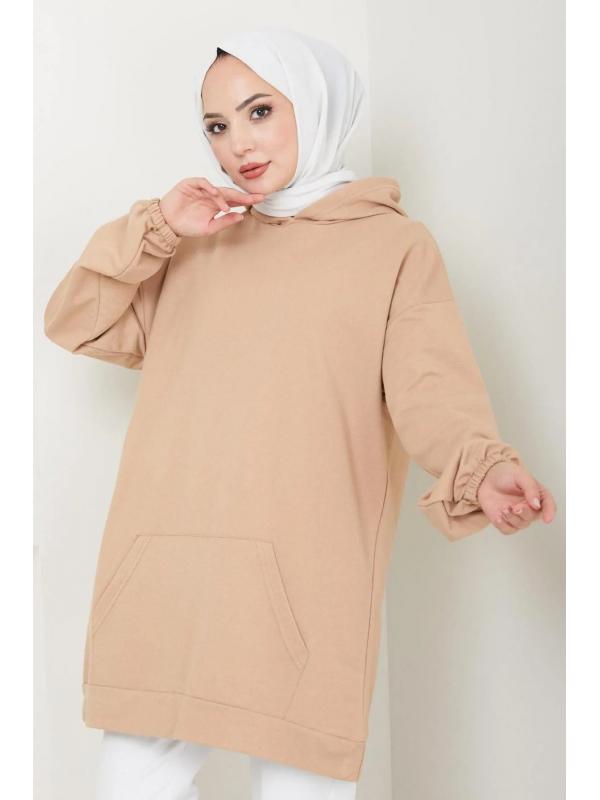 Kanguru Cepli Kapüşonlu Sweatshirt Tunik Camel HM2510