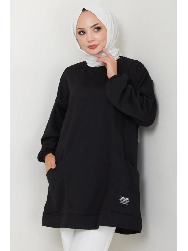 Torba Cepli Bisiklet Yakalı Sweatshirt Tunik Siyah HM2509