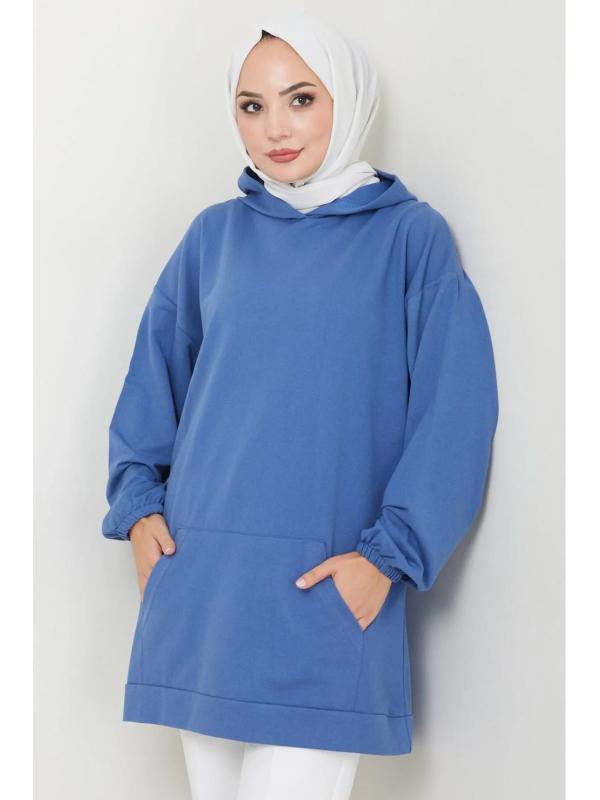 Kanguru Cepli Kapüşonlu Sweatshirt Tunik İndigo HM2510