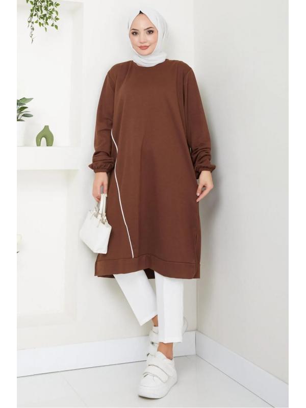 Biye Detaylı Uzun Sweatshirt Tunik Kahverengi HM2508