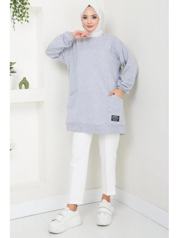 Torba Cepli Bisiklet Yakalı Sweatshirt Tunik Gri HM2509