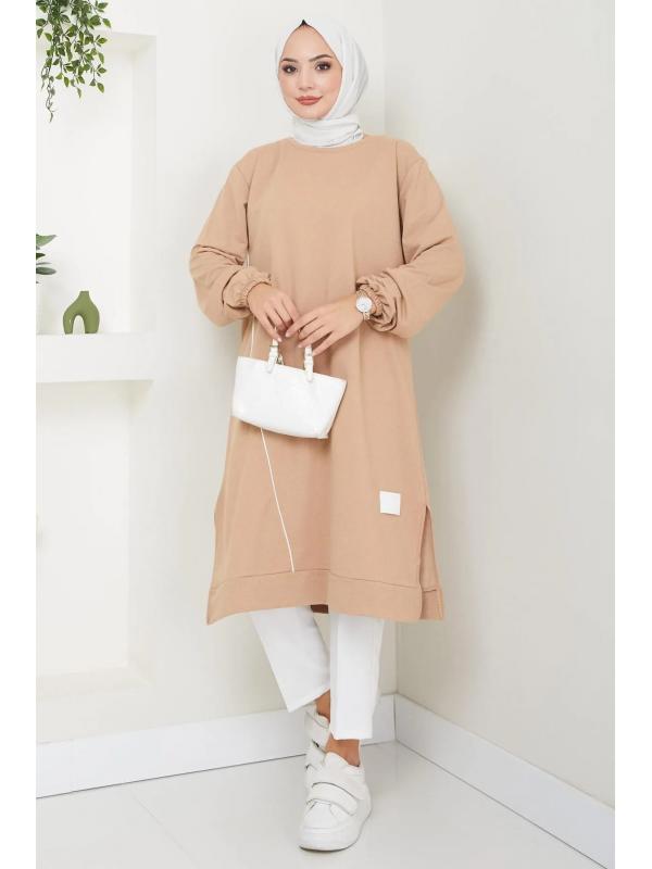 Biye Detaylı Uzun Sweatshirt Tunik Camel HM2508