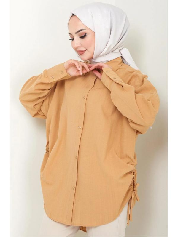 Yandan Bağlamalı Oversize Gömlek Camel HM2471