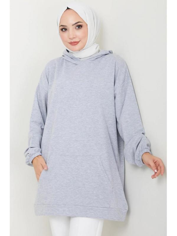 Kanguru Cepli Kapüşonlu Sweatshirt Tunik Gri HM2510