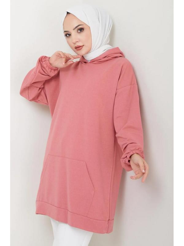 Kanguru Cepli Kapüşonlu Sweatshirt Tunik Gül Kurusu HM2510