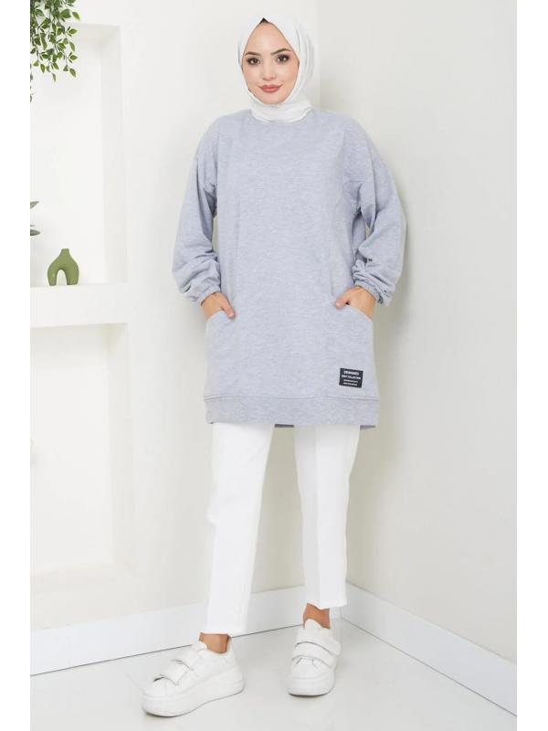 Torba Cepli Bisiklet Yakalı Sweatshirt Tunik Gri HM2509