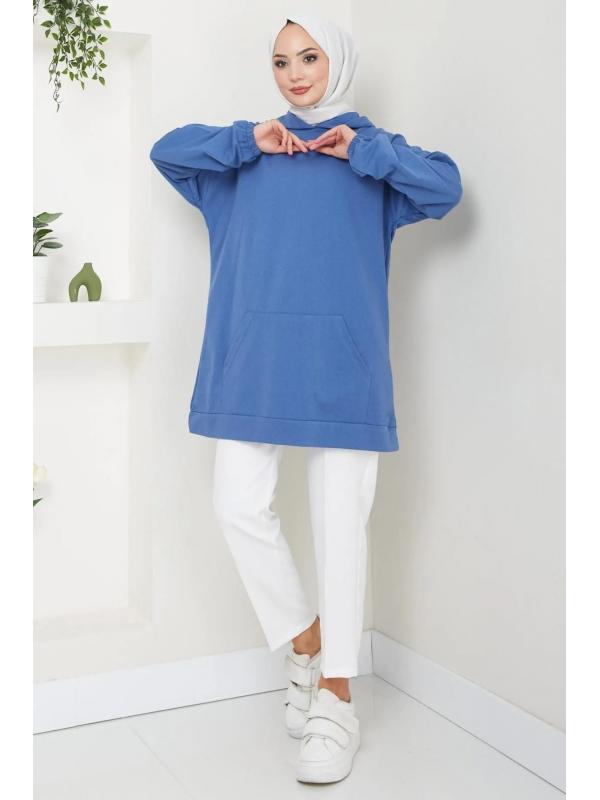 Kanguru Cepli Kapüşonlu Sweatshirt Tunik İndigo HM2510