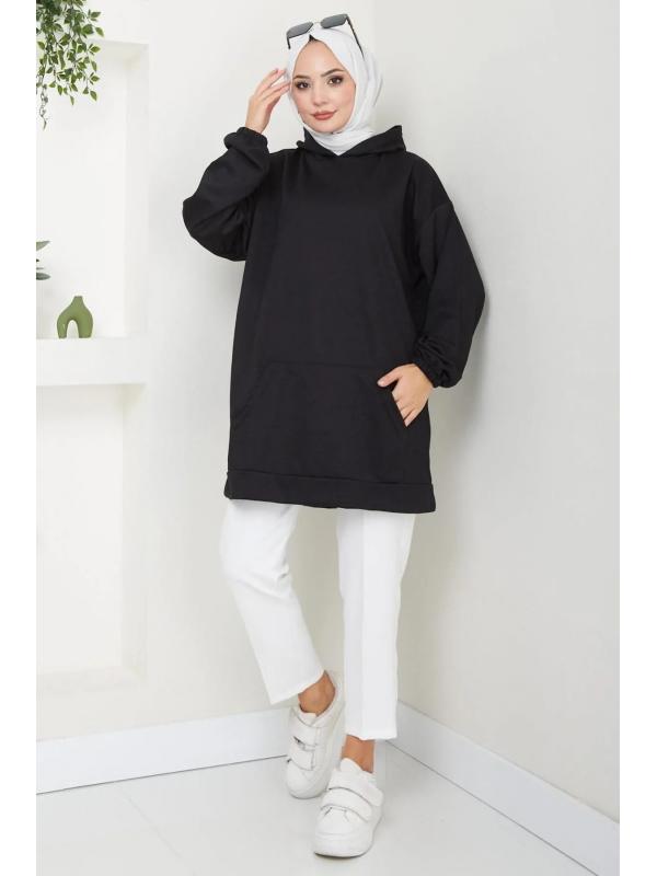 Kanguru Cepli Kapüşonlu Sweatshirt Tunik Siyah HM2510