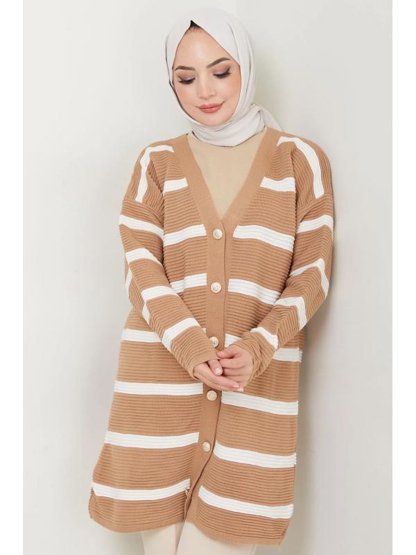 Çizgili Fitilli Triko Hırka Camel HM2589