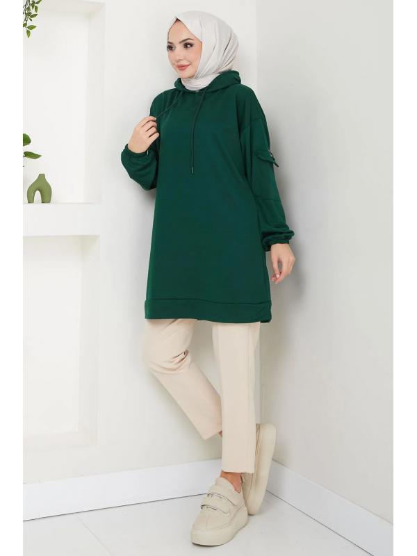 Kapüşonlu Kolu Cep Detaylı Sweatshirt Tunik Zümrüt HM2582