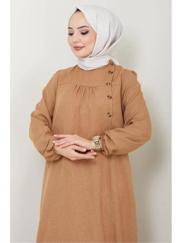 Düğme Detaylı Elbise Camel HM2436