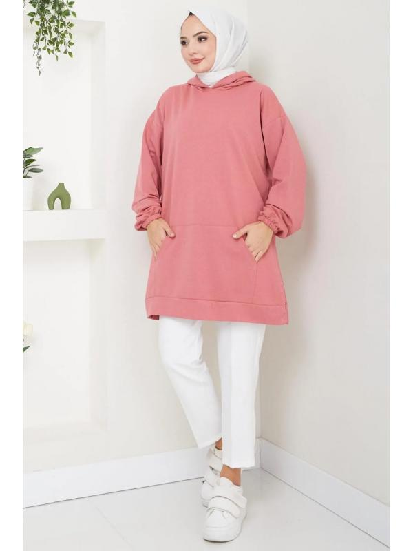 Kanguru Cepli Kapüşonlu Sweatshirt Tunik Gül Kurusu HM2510