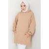 Kanguru Cepli Kapüşonlu Sweatshirt Tunik Camel HM2510