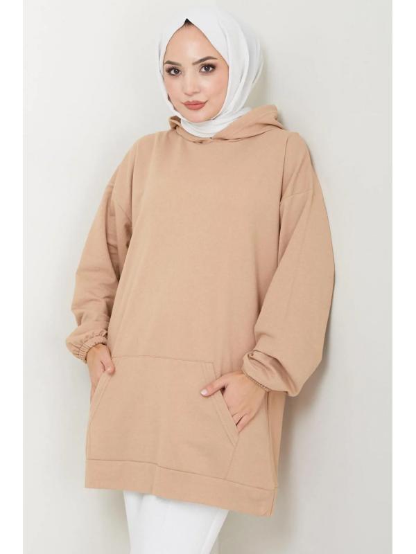 Kanguru Cepli Kapüşonlu Sweatshirt Tunik Camel HM2510