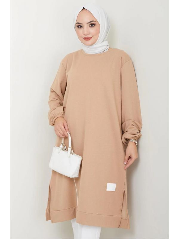 Biye Detaylı Uzun Sweatshirt Tunik Camel HM2508