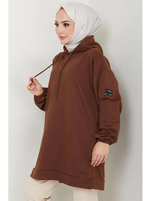 Kapüşonlu Kolu Cep Detaylı Sweatshirt Tunik Kahverengi HM2582