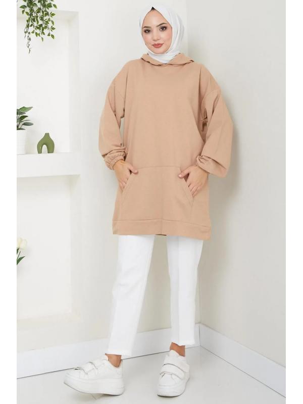 Kanguru Cepli Kapüşonlu Sweatshirt Tunik Camel HM2510