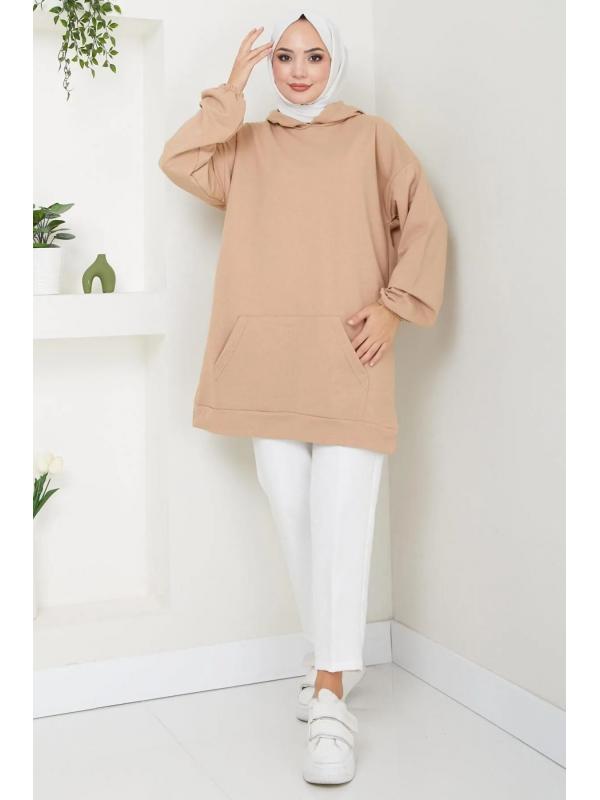 Kanguru Cepli Kapüşonlu Sweatshirt Tunik Camel HM2510