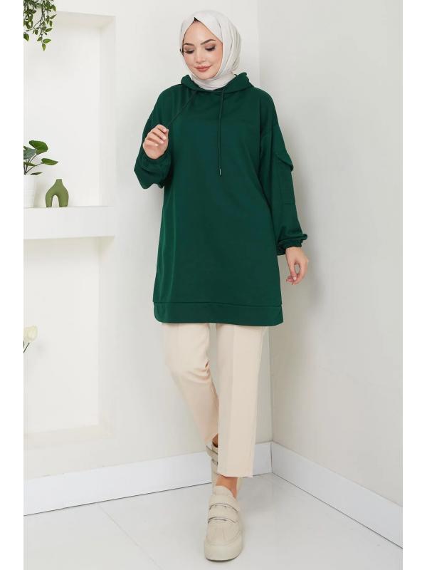 Kapüşonlu Kolu Cep Detaylı Sweatshirt Tunik Zümrüt HM2582