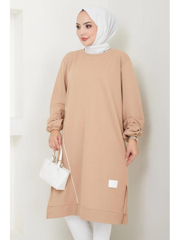 Biye Detaylı Uzun Sweatshirt Tunik Camel HM2508