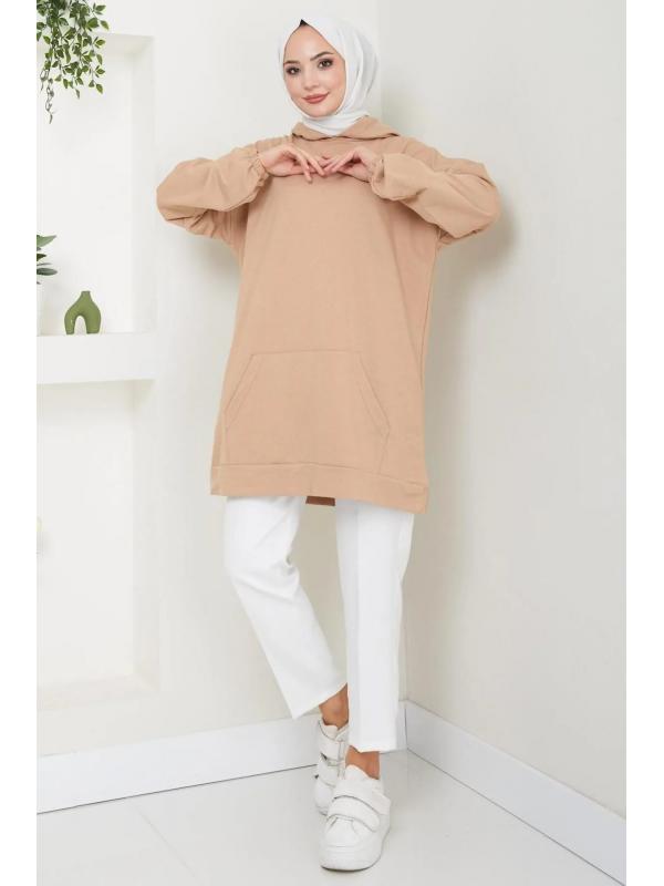 Kanguru Cepli Kapüşonlu Sweatshirt Tunik Camel HM2510