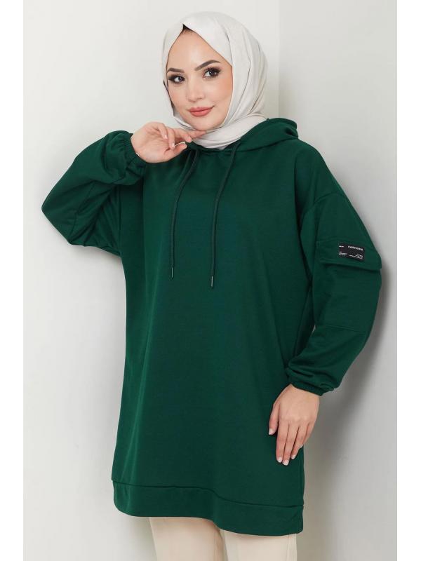 Kapüşonlu Kolu Cep Detaylı Sweatshirt Tunik Zümrüt HM2582