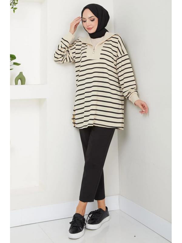 Yakası Fermuarlı Çizgili Sweatshirt Tunik Siyah HM2592