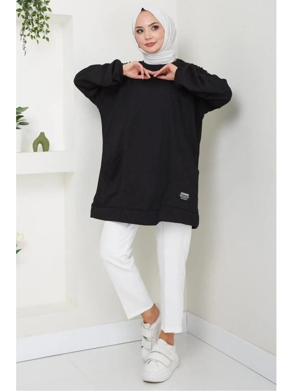 Torba Cepli Bisiklet Yakalı Sweatshirt Tunik Siyah HM2509