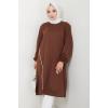 Biye Detaylı Uzun Sweatshirt Tunik Kahverengi HM2508