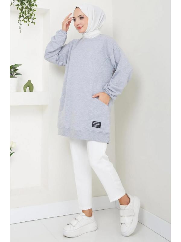 Torba Cepli Bisiklet Yakalı Sweatshirt Tunik Gri HM2509