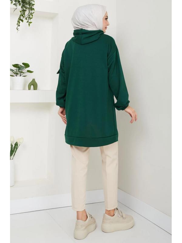 Kapüşonlu Kolu Cep Detaylı Sweatshirt Tunik Zümrüt HM2582