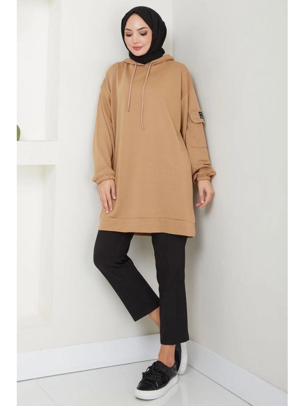 Kapüşonlu Kolu Cep Detaylı Sweatshirt Tunik Camel HM2582