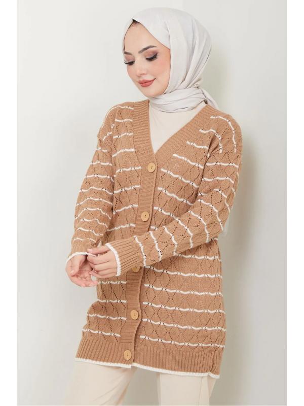 Çizgili Baklava Desen Triko Hırka Camel HM2549