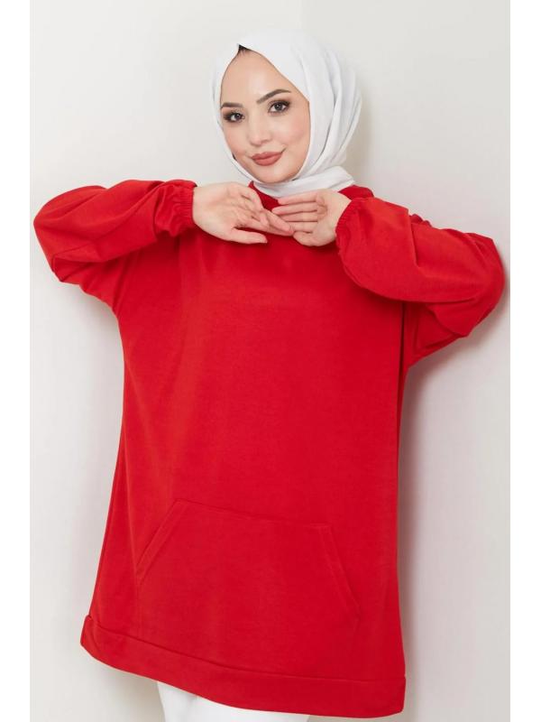 Kanguru Cepli Kapüşonlu Sweatshirt Tunik Kırmızı HM2510