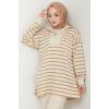 Yakası Fermuarlı Çizgili Sweatshirt Tunik Kahverengi HM2592