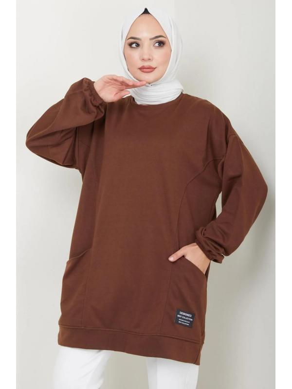 Torba Cepli Bisiklet Yakalı Sweatshirt Tunik Kahverengi  HM2509