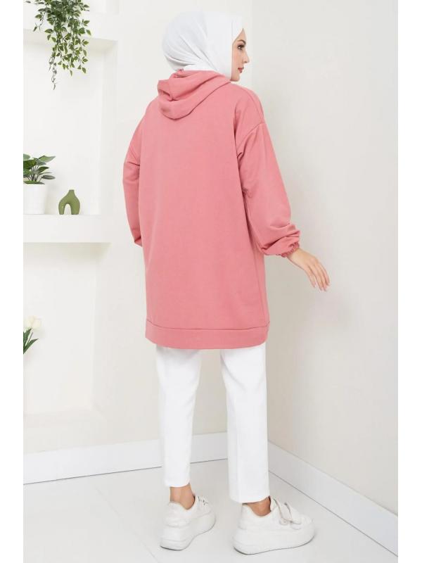 Kanguru Cepli Kapüşonlu Sweatshirt Tunik Gül Kurusu HM2510