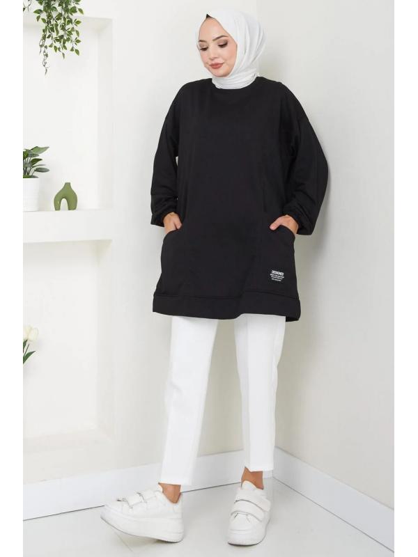 Torba Cepli Bisiklet Yakalı Sweatshirt Tunik Siyah HM2509